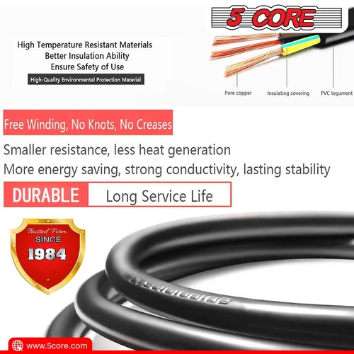 5Core AC Power Extension Cord 10Ft 3 Prong Adapter 16AWG/2C 125V 13A