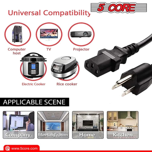 5Core AC Power Extension Cord 10Ft 3 Prong Adapter 16AWG/2C 125V 13A