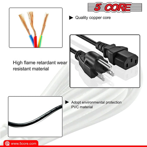 5Core AC Power Extension Cord 10Ft 3 Prong Adapter 16AWG/2C 125V 13A