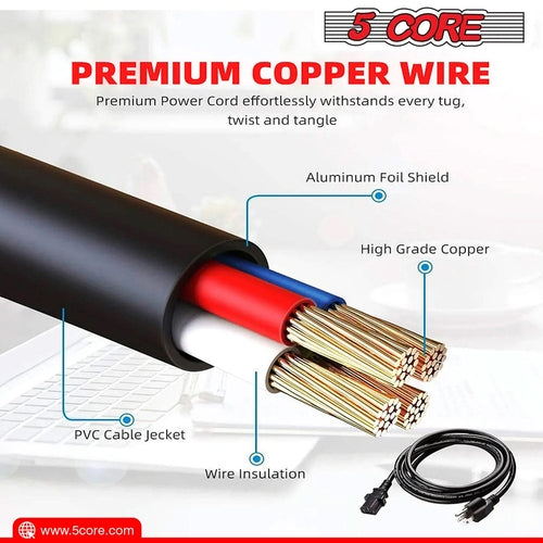 5Core AC Power Extension Cord 10Ft 3 Prong Adapter 16AWG/2C 125V 13A