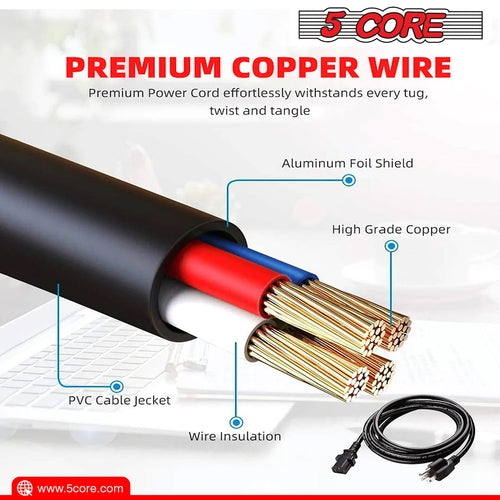 5Core AC Power Extension Cord 10Ft 3 Prong Adapter 16AWG/2C 125V 13A