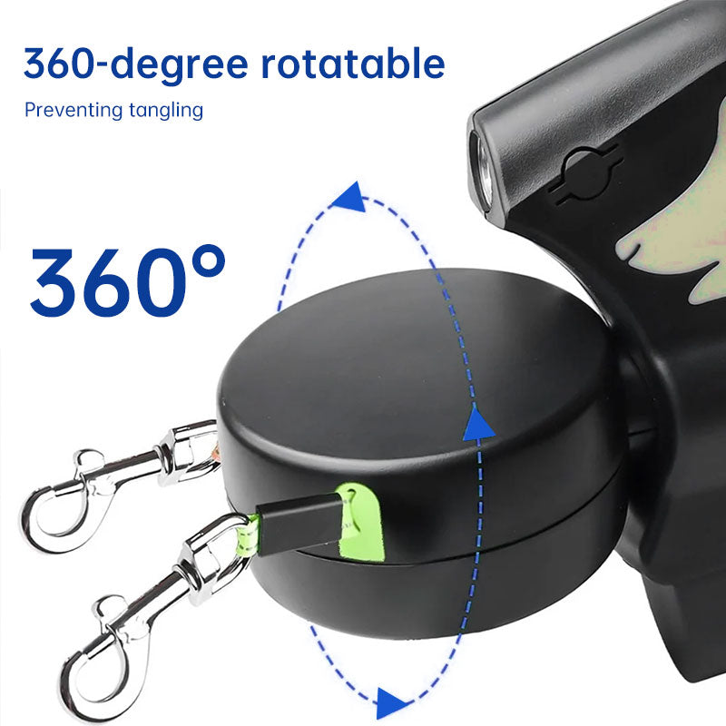 Dual / Double Dog Leash, 360° Retractable Roulette, 3M, LED Light, Tangle-Free, Double-Ended Traction Rope
