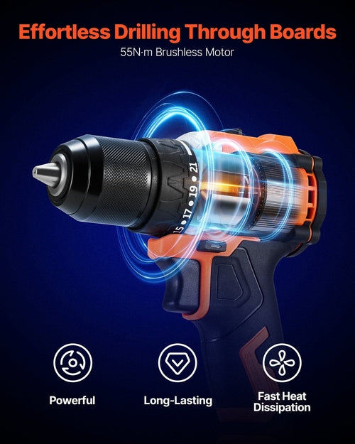 Cordless Drill Driver, 1/2 Inch Metal Chuck, Brushless Motor,
