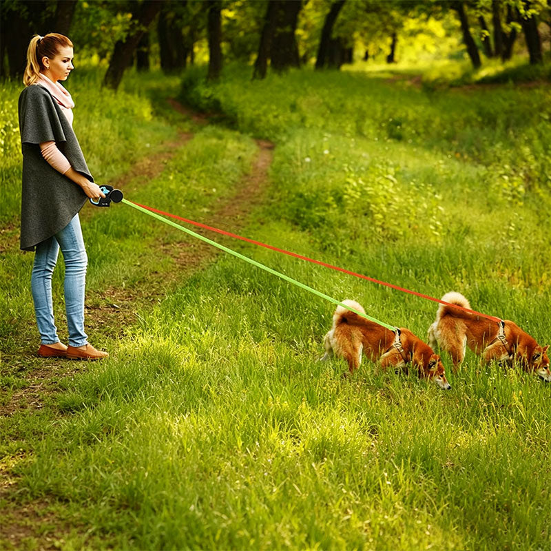 Dual / Double Dog Leash, 360° Retractable Roulette, 3M, LED Light, Tangle-Free, Double-Ended Traction Rope