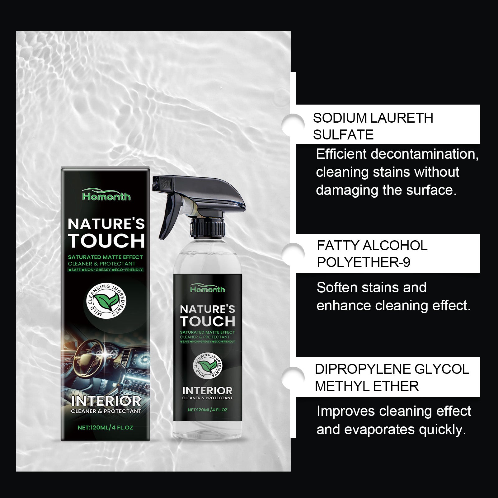 Homonth Car Interior Cleaner, Interior Decoration Soft Seat Steering Wheel Cleaning Refurbishment Decontamination Maintenance Agent