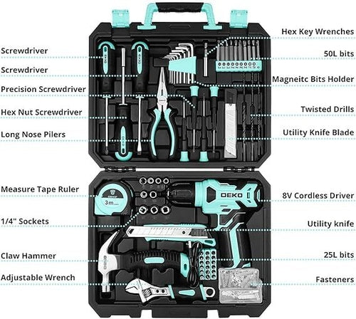 Drill Set: Tool Set with 8V Red Cordless Drill, Home Tool Kit with