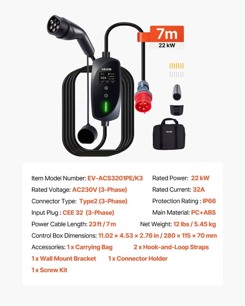 Portable EV Wallbox Charger - Type 2, 22kW 32A